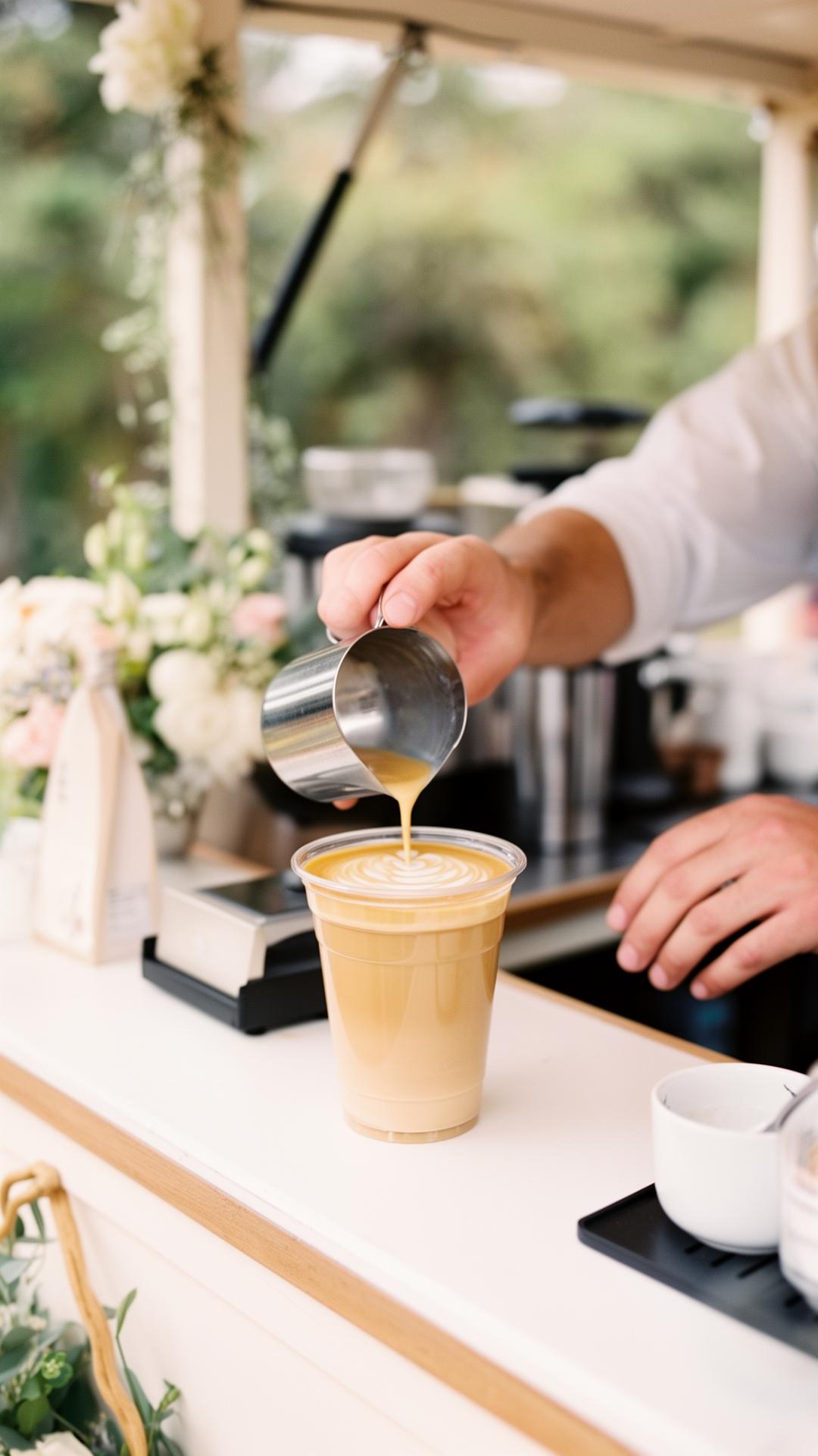 Barista pouring latte art at the Redcart Coffee cart